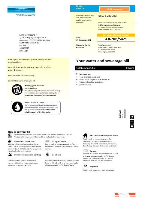 United Kingdom Yorkshire water business utility bill template in Word and PDF formats